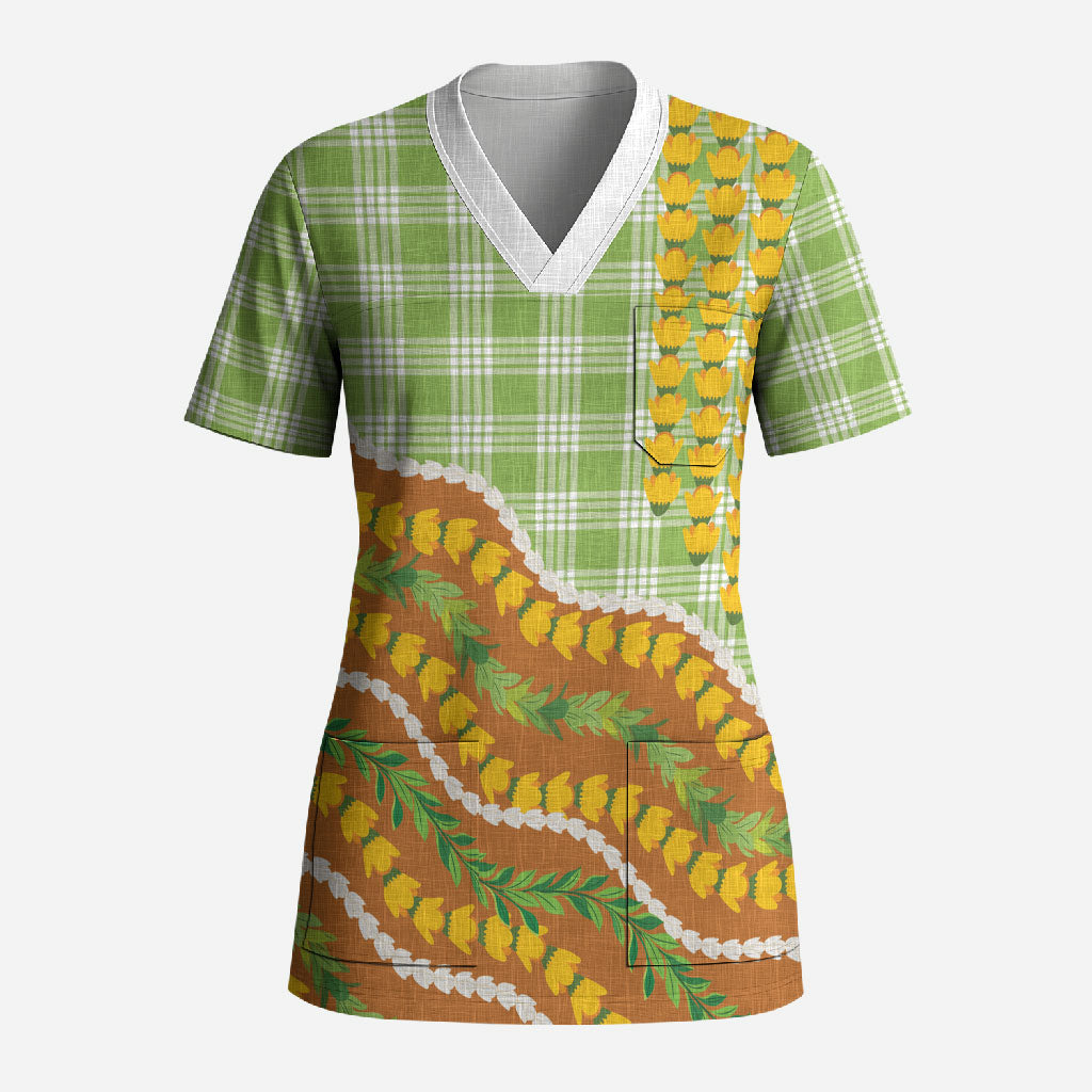Hawaii Leis Palaka Motifs Scrub Top Pikake Pakalana Maile Ilima Kakau Style
