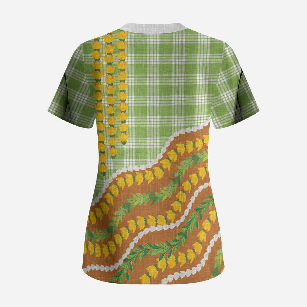 Hawaii Leis Palaka Motifs Scrub Top Pikake Pakalana Maile Ilima Kakau Style