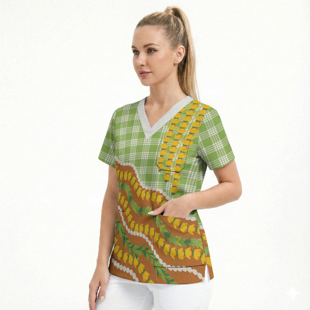 Hawaii Leis Palaka Motifs Scrub Top Pikake Pakalana Maile Ilima Kakau Style