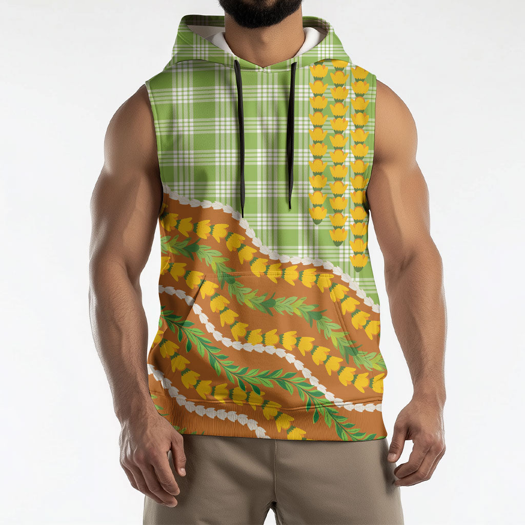 Hawaii Leis Palaka Motifs Sleeveless Hoodie Pikake Pakalana Maile Ilima Kakau Style