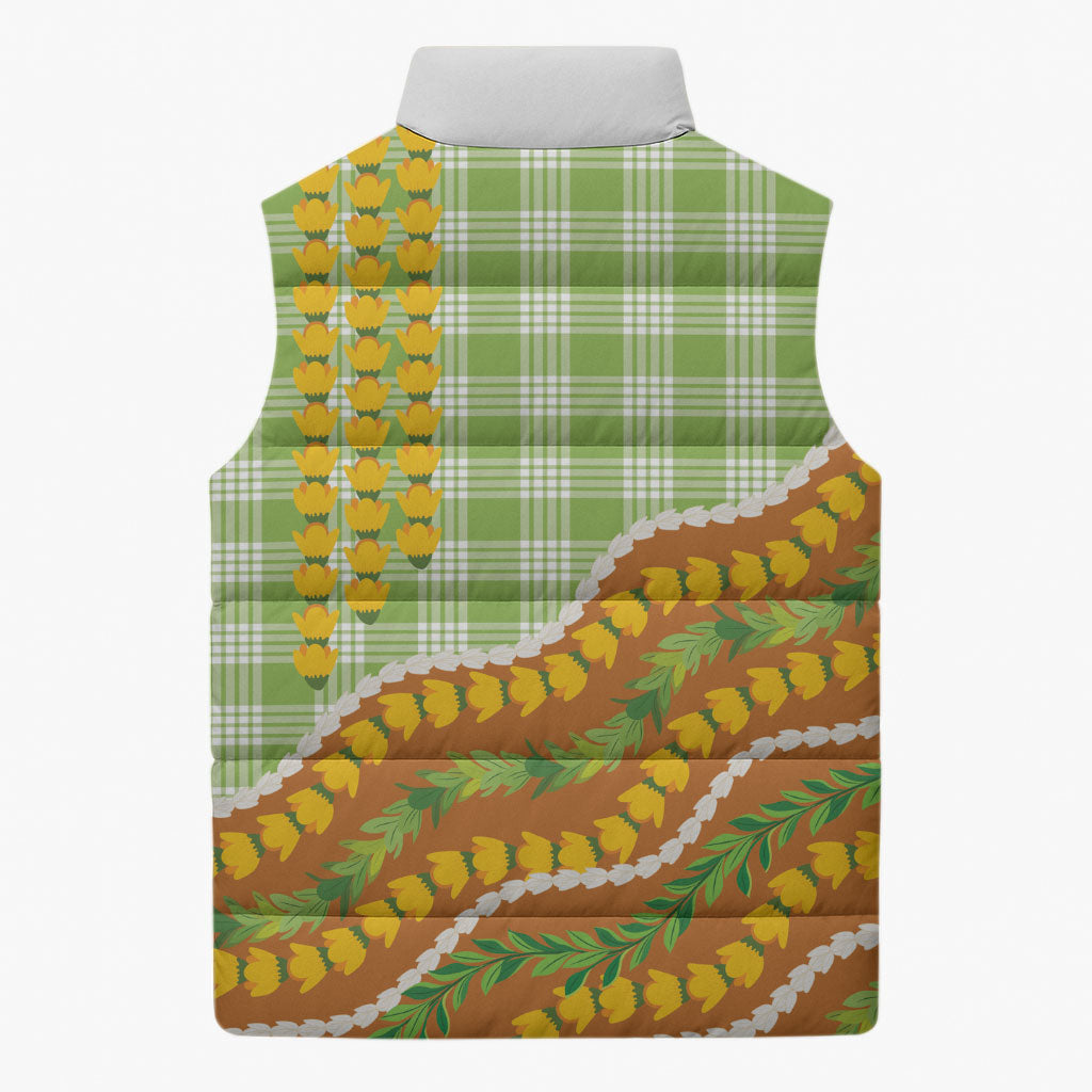 Hawaii Leis Palaka Motifs Sleeveless Puffer Jacket Pikake Pakalana Maile Ilima Kakau Style