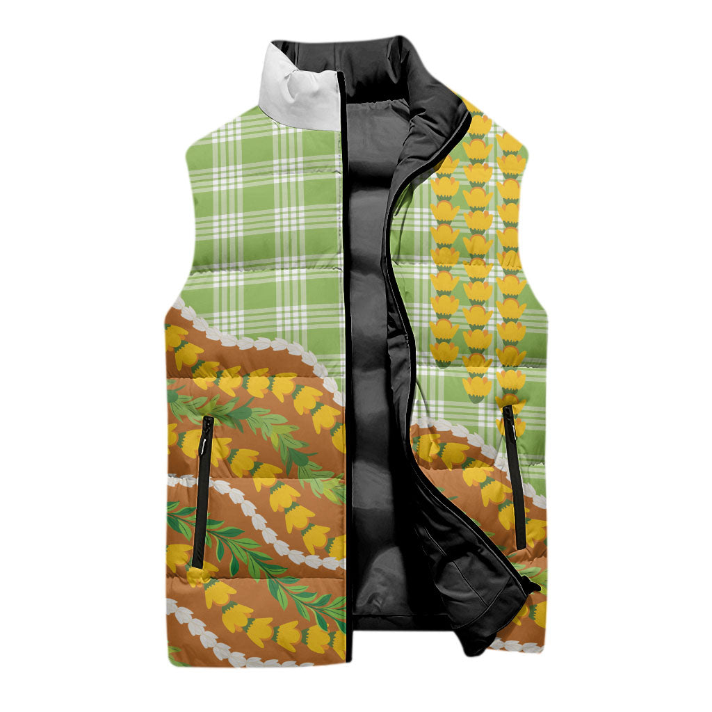 Hawaii Leis Palaka Motifs Sleeveless Puffer Jacket Pikake Pakalana Maile Ilima Kakau Style
