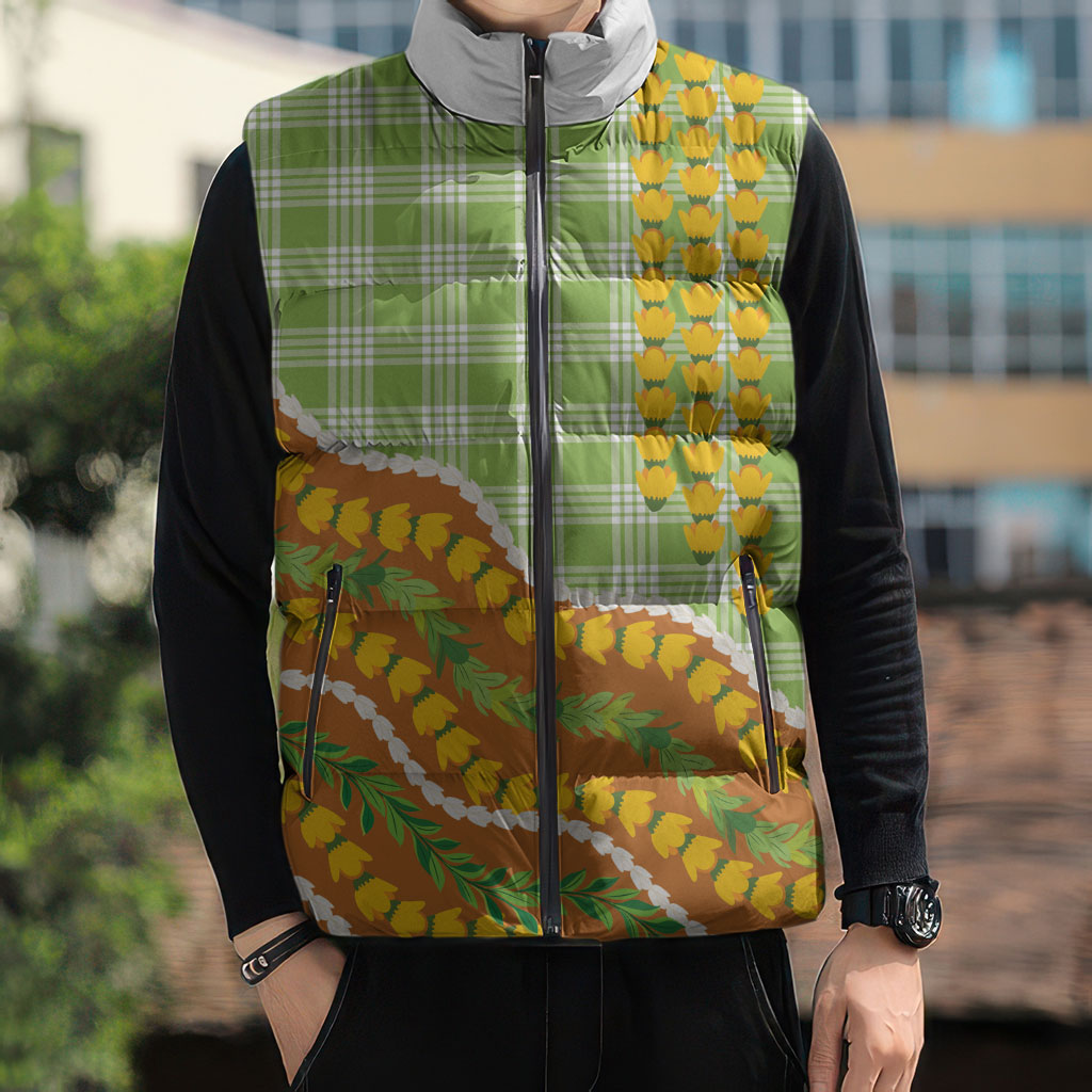 Hawaii Leis Palaka Motifs Sleeveless Puffer Jacket Pikake Pakalana Maile Ilima Kakau Style