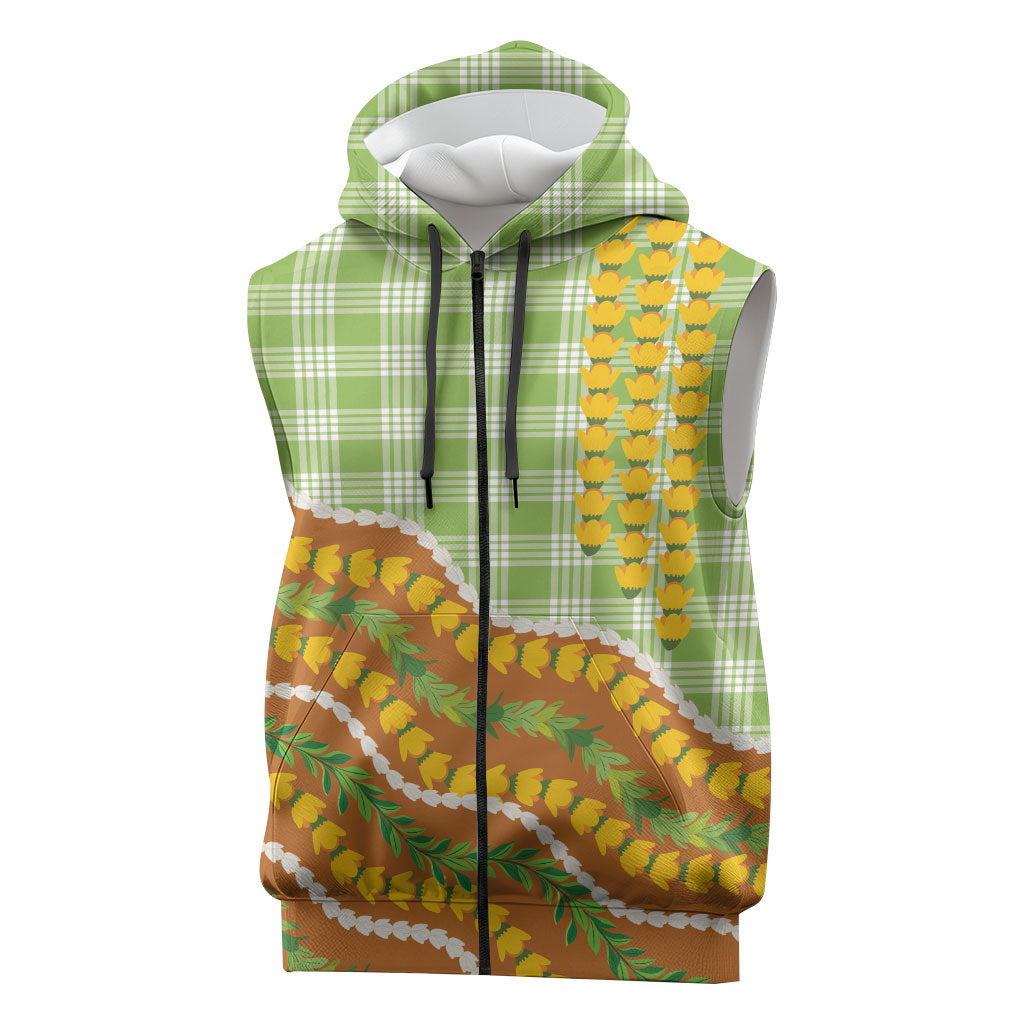 Hawaii Leis Palaka Motifs Sleeveless Zip Hoodie Pikake Pakalana Maile Ilima Kakau Style