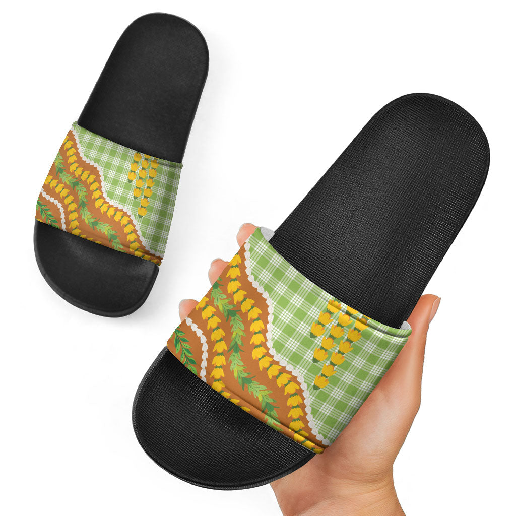 Hawaii Leis Palaka Motifs Slide Sandals Pikake Pakalana Maile Ilima Kakau Style