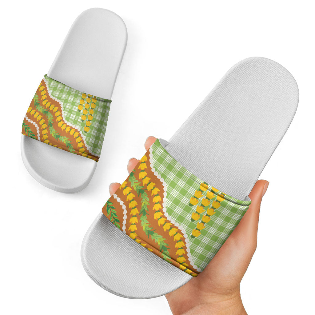 Hawaii Leis Palaka Motifs Slide Sandals Pikake Pakalana Maile Ilima Kakau Style