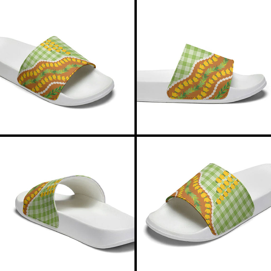 Hawaii Leis Palaka Motifs Slide Sandals Pikake Pakalana Maile Ilima Kakau Style