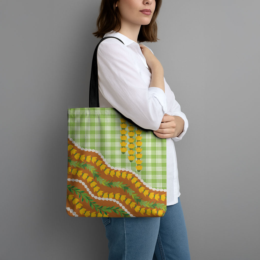 Hawaii Leis Palaka Motifs Tote Bag Pikake Pakalana Maile Ilima Kakau Style