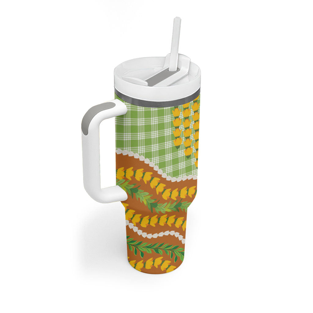 Hawaii Leis Palaka Motifs Tumbler With Handle Pikake Pakalana Maile Ilima Kakau Style