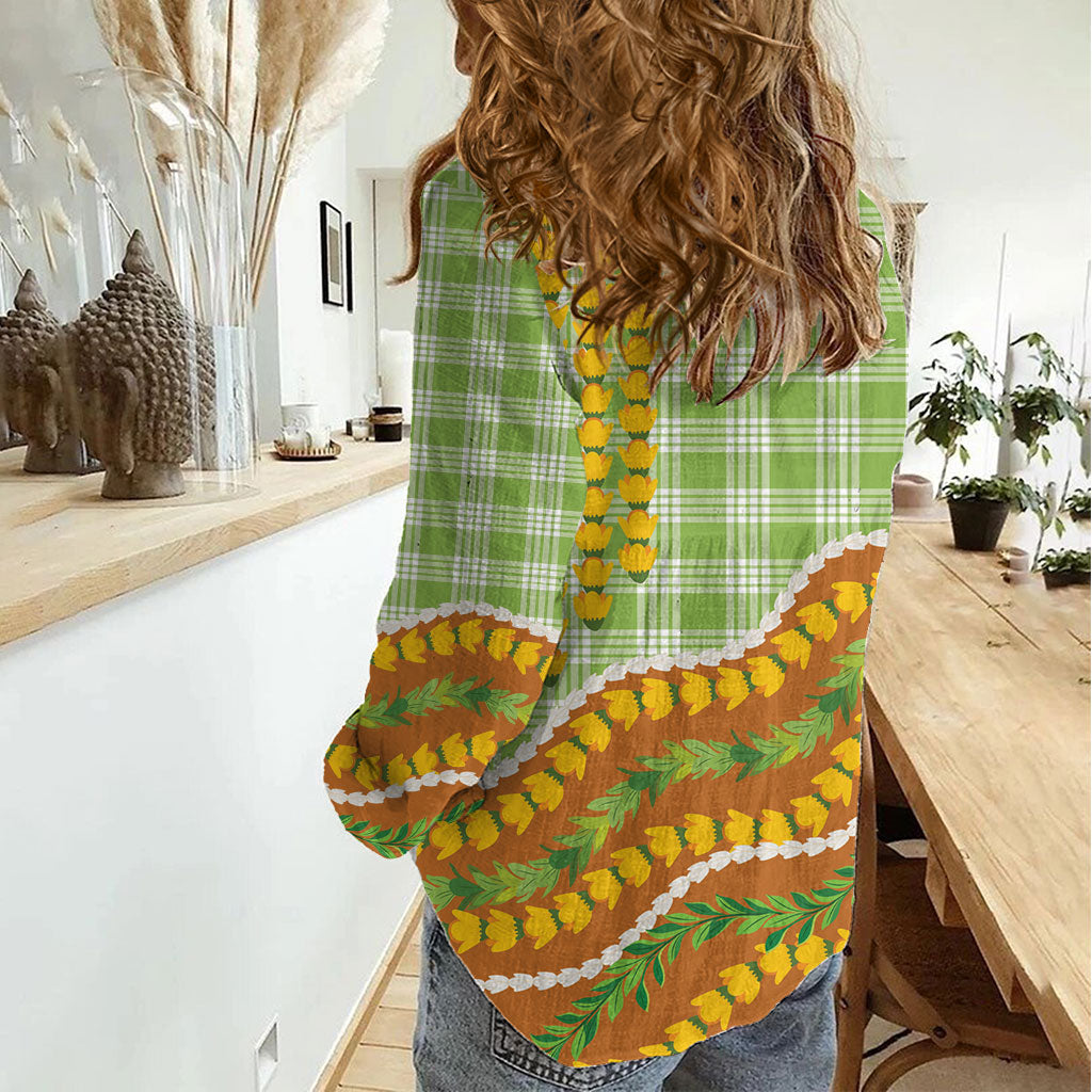 Hawaii Leis Palaka Motifs Women Casual Shirt Pikake Pakalana Maile Ilima Kakau Style