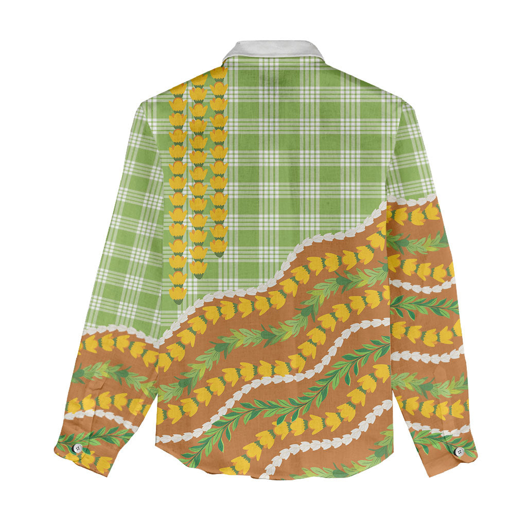 Hawaii Leis Palaka Motifs Women Casual Shirt Pikake Pakalana Maile Ilima Kakau Style