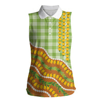 Hawaii Leis Palaka Motifs Women Sleeveless Polo Shirt Pikake Pakalana Maile Ilima Kakau Style