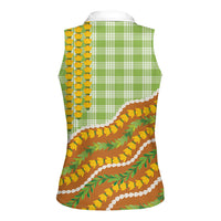 Hawaii Leis Palaka Motifs Women Sleeveless Polo Shirt Pikake Pakalana Maile Ilima Kakau Style