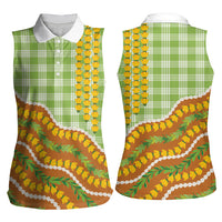 Hawaii Leis Palaka Motifs Women Sleeveless Polo Shirt Pikake Pakalana Maile Ilima Kakau Style
