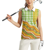 Hawaii Leis Palaka Motifs Women Sleeveless Polo Shirt Pikake Pakalana Maile Ilima Kakau Style