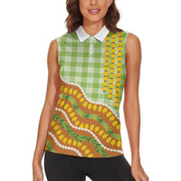 Hawaii Leis Palaka Motifs Women Sleeveless Polo Shirt Pikake Pakalana Maile Ilima Kakau Style