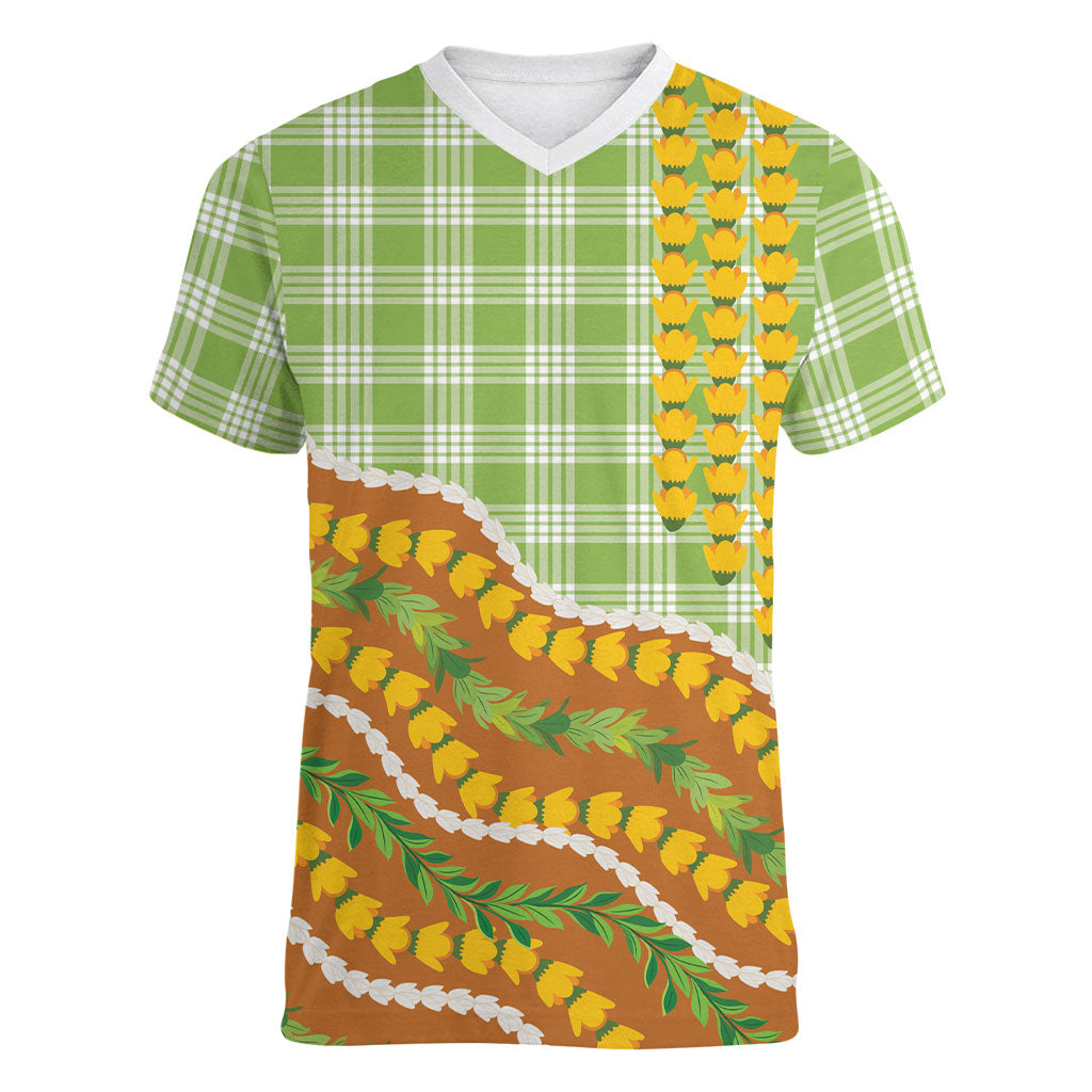 Hawaii Leis Palaka Motifs Women V-Neck T-Shirt Pikake Pakalana Maile Ilima Kakau Style