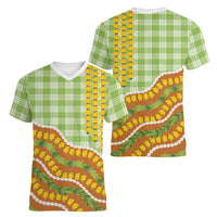 Hawaii Leis Palaka Motifs Women V-Neck T-Shirt Pikake Pakalana Maile Ilima Kakau Style