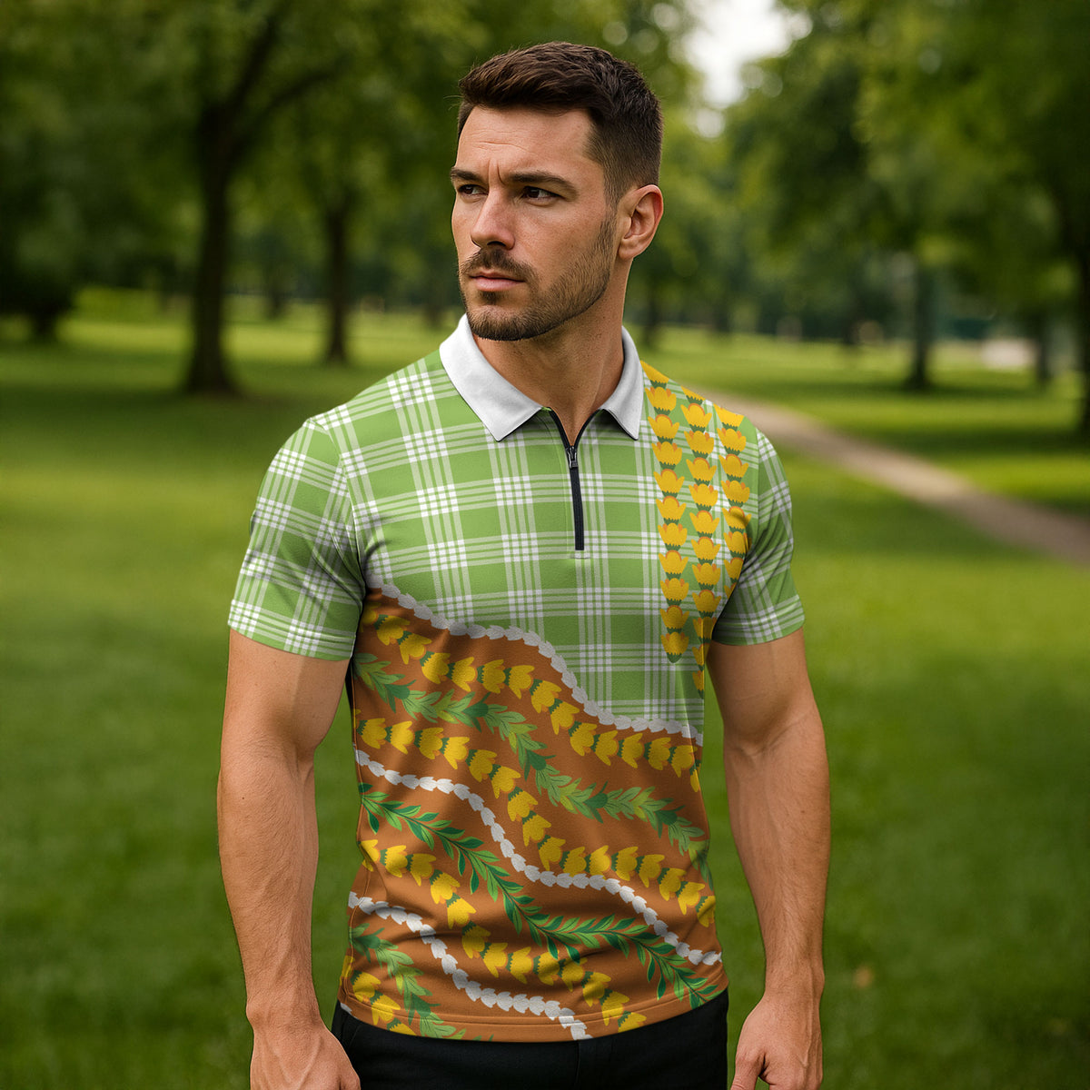 Hawaii Leis Palaka Motifs Zipper Polo Shirt Pikake Pakalana Maile Ilima Kakau Style