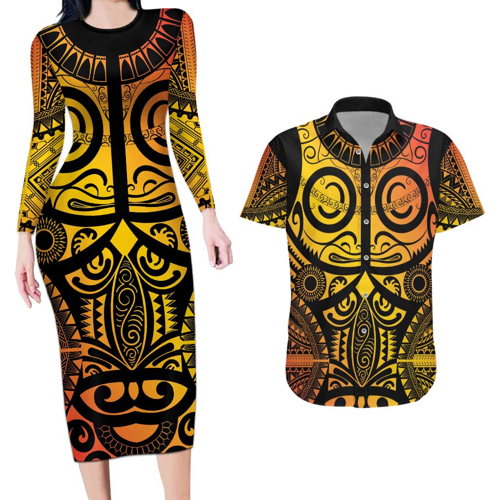 Marquesas Islands Couples Matching Long Sleeve Bodycon Dress and Hawaiian Shirt Marquesan Tattoo Yellow Gradient - Polynesian Pride