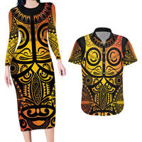 Marquesas Islands Couples Matching Long Sleeve Bodycon Dress and Hawaiian Shirt Marquesan Tattoo Yellow Gradient LT14 Yellow - Polynesian Pride