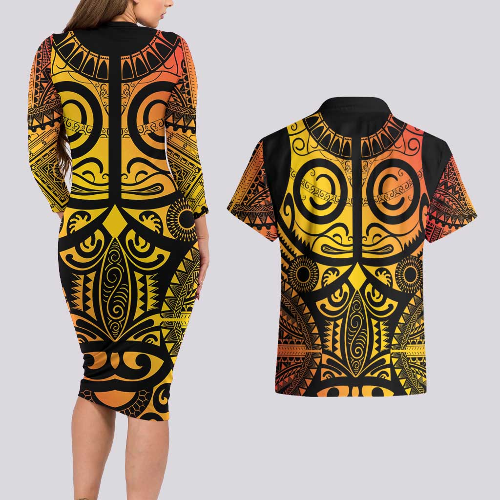 Marquesas Islands Couples Matching Long Sleeve Bodycon Dress and Hawaiian Shirt Marquesan Tattoo Yellow Gradient LT14 - Polynesian Pride