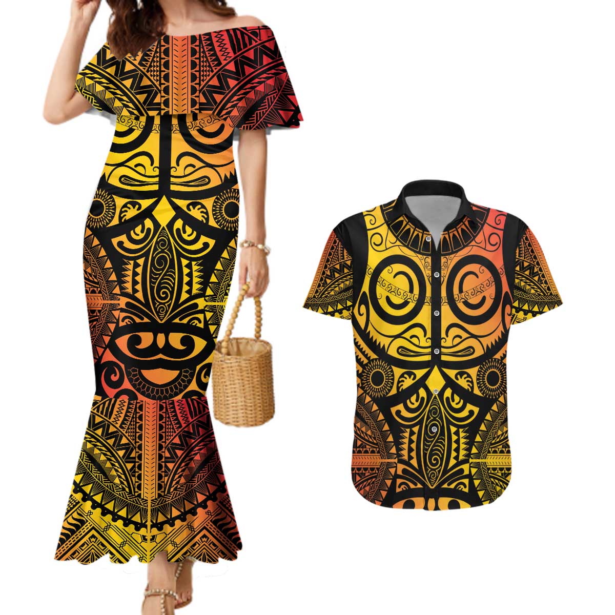 Marquesas Islands Couples Matching Mermaid Dress and Hawaiian Shirt Marquesan Tattoo Yellow Gradient - Polynesian Pride