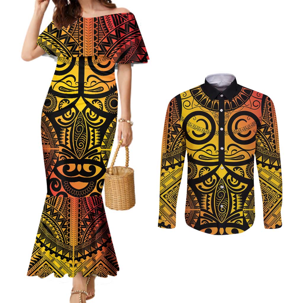 Marquesas Islands Couples Matching Mermaid Dress and Long Sleeve Button Shirt Marquesan Tattoo Yellow Gradient - Polynesian Pride