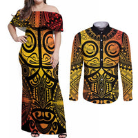 Marquesas Islands Couples Matching Off Shoulder Maxi Dress and Long Sleeve Button Shirt Marquesan Tattoo Yellow Gradient - Polynesian Pride