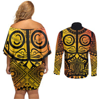 Marquesas Islands Couples Matching Off Shoulder Short Dress and Long Sleeve Button Shirt Marquesan Tattoo Yellow Gradient - Polynesian Pride