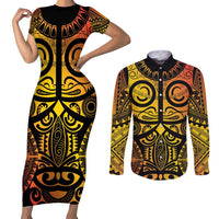 Marquesas Islands Couples Matching Short Sleeve Bodycon Dress and Long Sleeve Button Shirt Marquesan Tattoo Yellow Gradient - Polynesian Pride