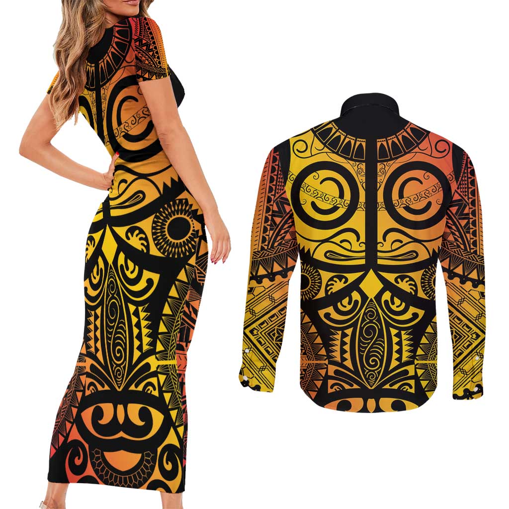 Marquesas Islands Couples Matching Short Sleeve Bodycon Dress and Long Sleeve Button Shirt Marquesan Tattoo Yellow Gradient - Polynesian Pride