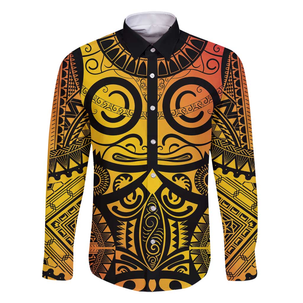 Marquesas Islands Family Matching Long Sleeve Bodycon Dress and Hawaiian Shirt Marquesan Tattoo Yellow Gradient - Polynesian Pride