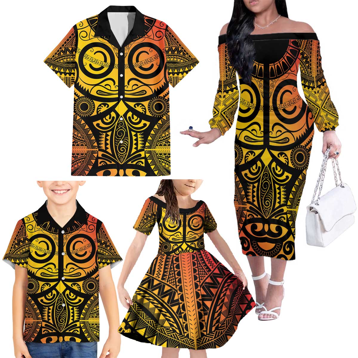 Marquesas Islands Family Matching Off The Shoulder Long Sleeve Dress and Hawaiian Shirt Marquesan Tattoo Yellow Gradient - Polynesian Pride