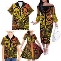 Marquesas Islands Family Matching Off The Shoulder Long Sleeve Dress and Hawaiian Shirt Marquesan Tattoo Yellow Gradient - Polynesian Pride