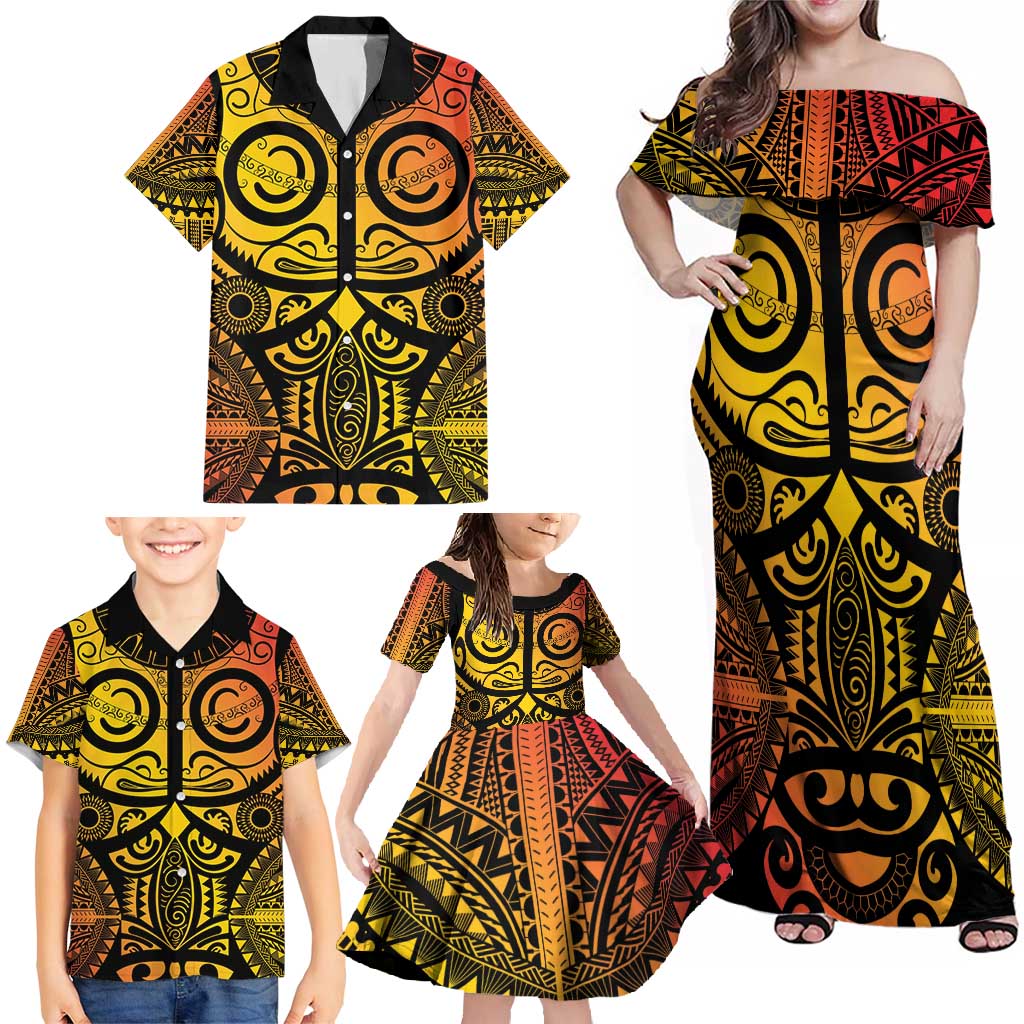 Marquesas Islands Family Matching Off Shoulder Maxi Dress and Hawaiian Shirt Marquesan Tattoo Yellow Gradient - Polynesian Pride