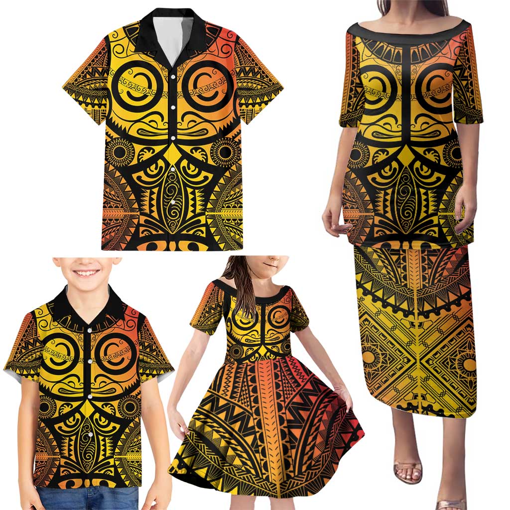 Marquesas Islands Family Matching Puletasi and Hawaiian Shirt Marquesan Tattoo Yellow Gradient - Polynesian Pride