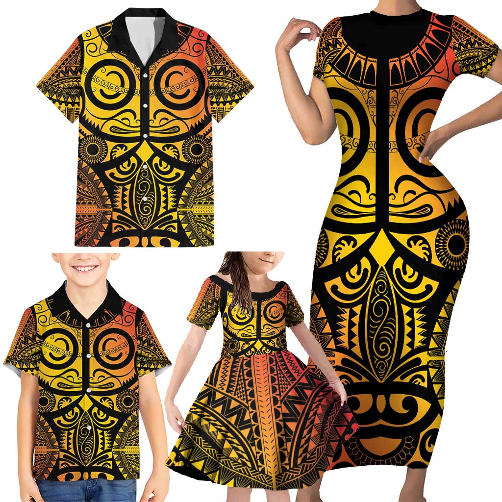 Marquesas Islands Family Matching Short Sleeve Bodycon Dress and Hawaiian Shirt Marquesan Tattoo Yellow Gradient - Polynesian Pride