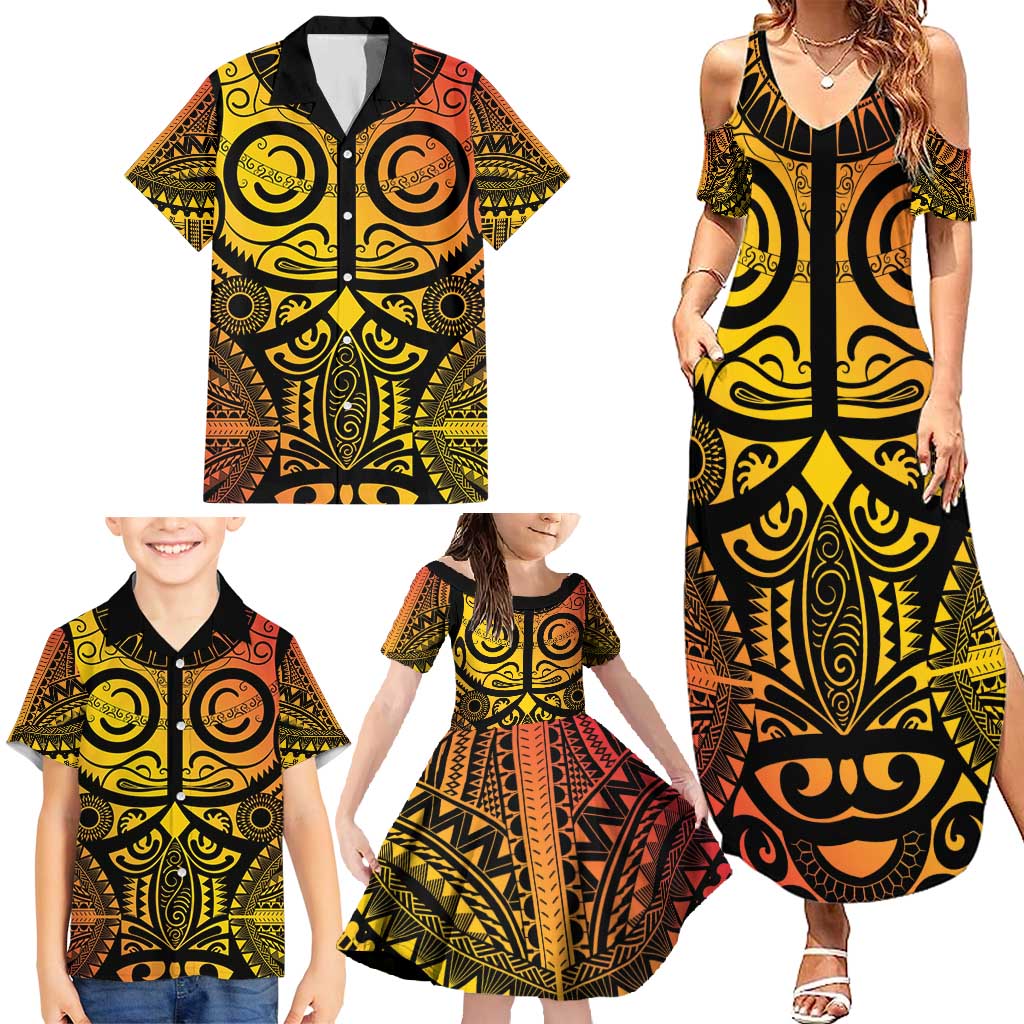 Marquesas Islands Family Matching Summer Maxi Dress and Hawaiian Shirt Marquesan Tattoo Yellow Gradient - Polynesian Pride