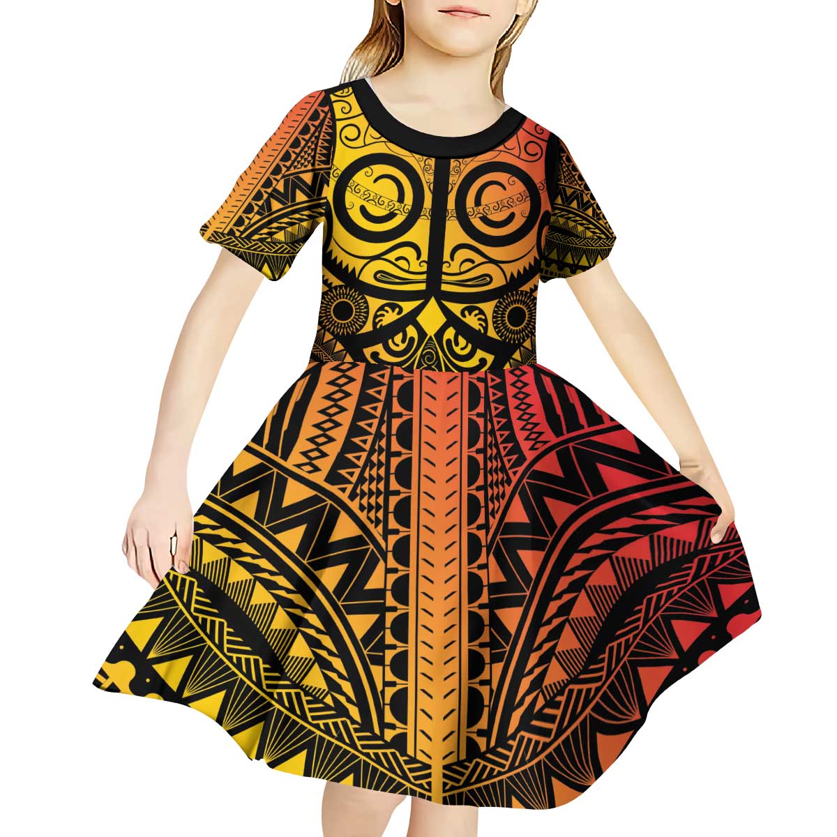 Marquesas Islands Kid Short Sleeve Dress Marquesan Tattoo Yellow Gradient - Polynesian Pride