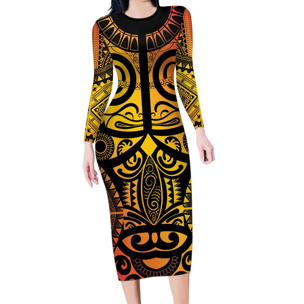 Marquesas Islands Long Sleeve Bodycon Dress Marquesan Tattoo Yellow Gradient - Polynesian Pride