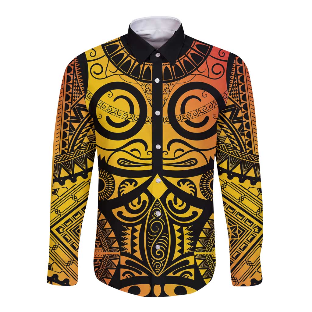 Marquesas Islands Long Sleeve Button Shirt Marquesan Tattoo Yellow Gradient - Polynesian Pride
