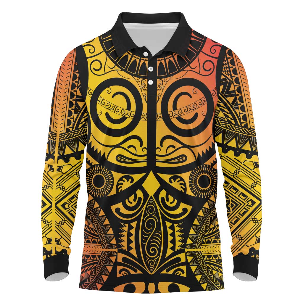 Marquesas Islands Long Sleeve Polo Shirt Marquesan Tattoo Yellow Gradient - Polynesian Pride