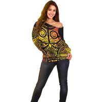 Marquesas Islands Off Shoulder Sweater Marquesan Tattoo Yellow Gradient - Polynesian Pride