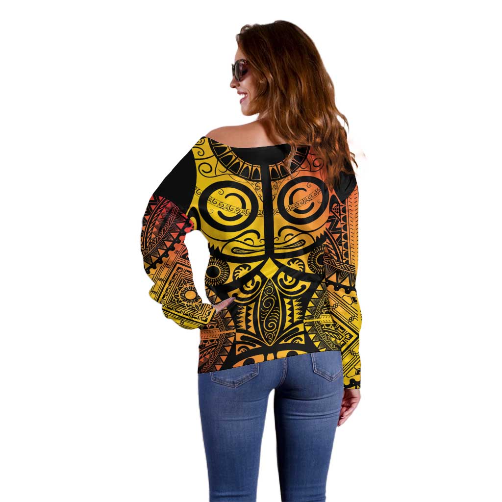 Marquesas Islands Off Shoulder Sweater Marquesan Tattoo Yellow Gradient - Polynesian Pride