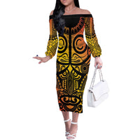 Marquesas Islands Off The Shoulder Long Sleeve Dress Marquesan Tattoo Yellow Gradient - Polynesian Pride