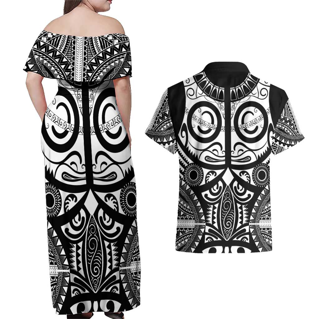 Marquesas Islands Couples Matching Off Shoulder Maxi Dress and Hawaiian Shirt Marquesan Tattoo Black White Color - Polynesian Pride