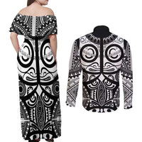 Marquesas Islands Couples Matching Off Shoulder Maxi Dress and Long Sleeve Button Shirt Marquesan Tattoo Black White Color - Polynesian Pride
