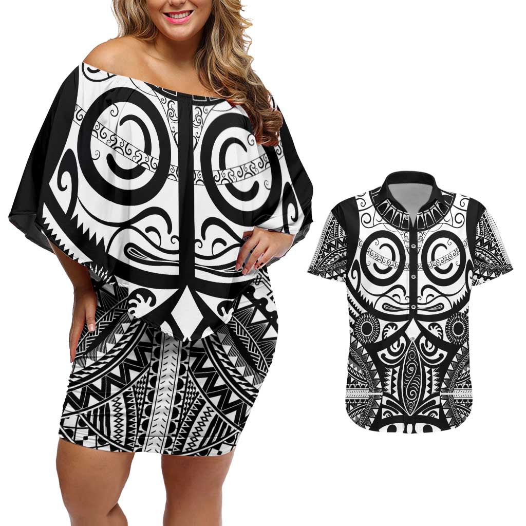 Marquesas Islands Couples Matching Off Shoulder Short Dress and Hawaiian Shirt Marquesan Tattoo Black White Color - Polynesian Pride