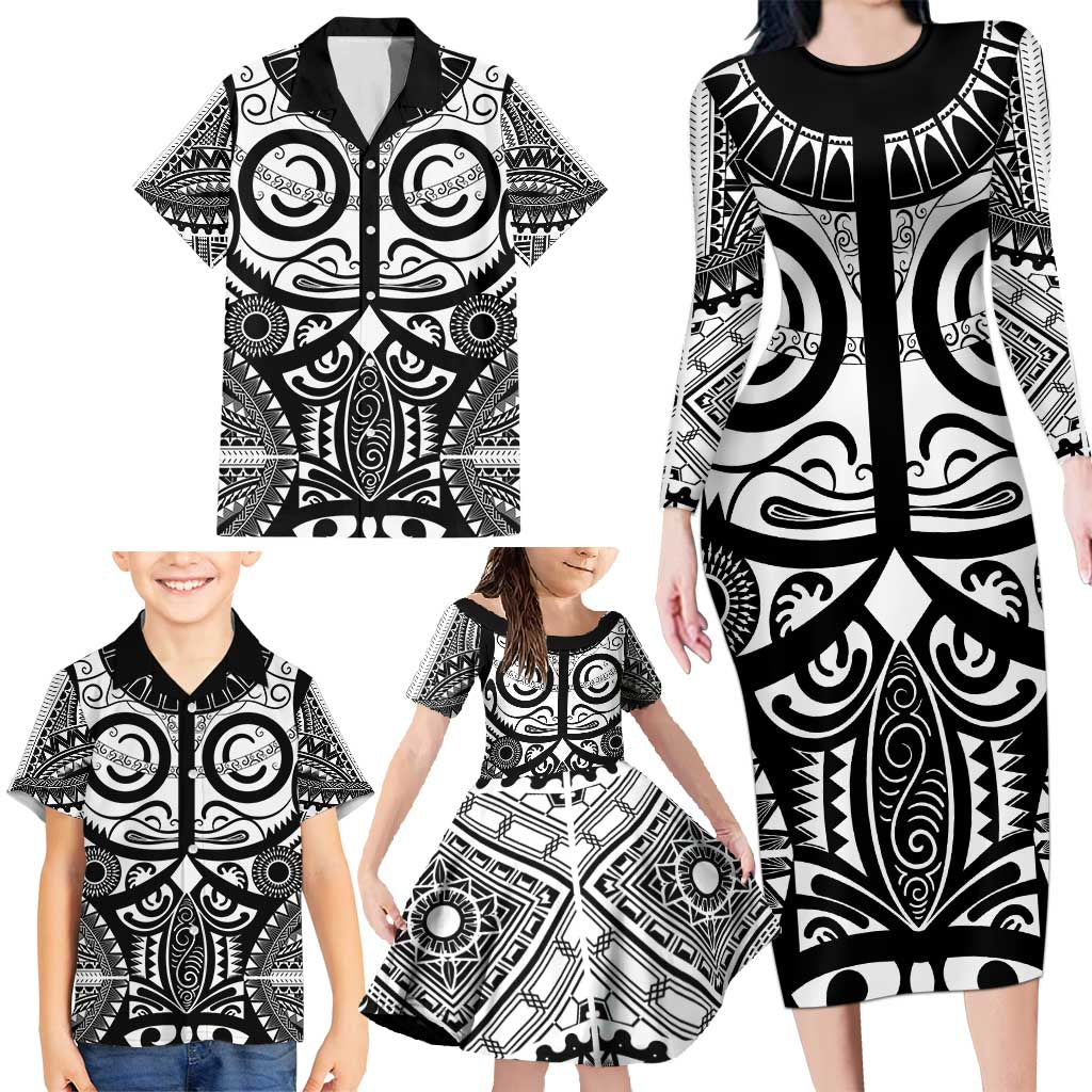 Marquesas Islands Family Matching Long Sleeve Bodycon Dress and Hawaiian Shirt Marquesan Tattoo Black White Color - Polynesian Pride